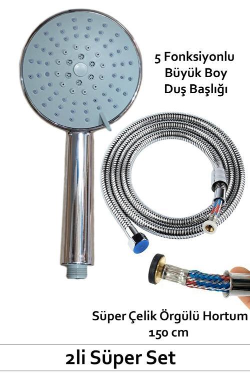 Büyük Boy Duş Başlığı 5 Fonksiyonlu + Çelik Örgülü 150 Cm Duş Hortumu Takımı