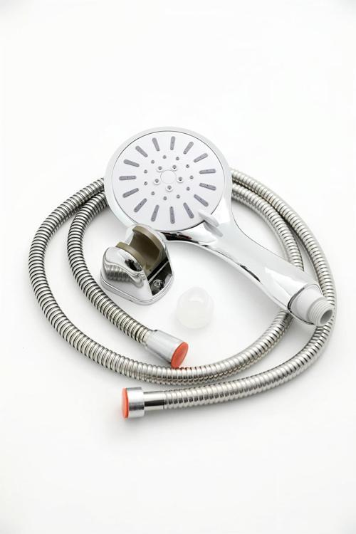 Tayzikli Yüksek Basınçlı 5 Fonksiyonlu Siyah Krom Duş Başlığı 1,5M Örgülü Hortum Mafsallı Duş Seti