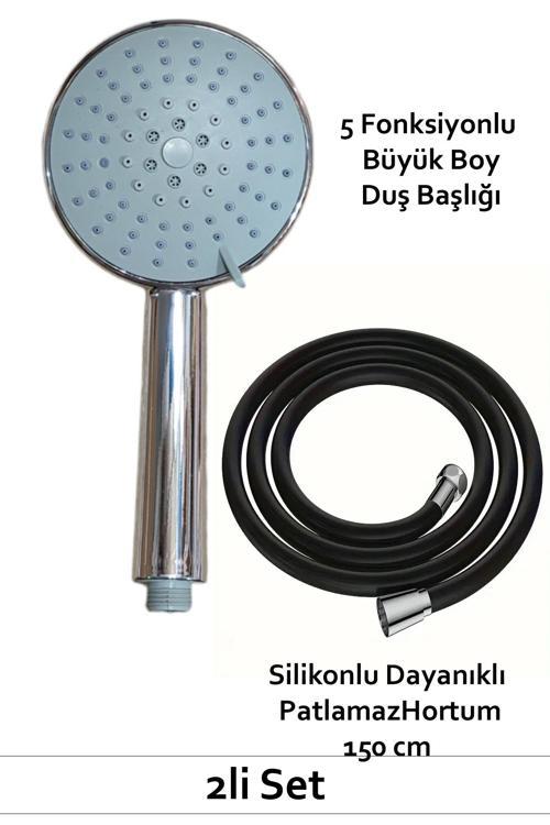 5 Fonksiyonlu Duş Başlığı & Silikonlu Kopmaz Patlamaz 150Cm Duş Hortumu Seti