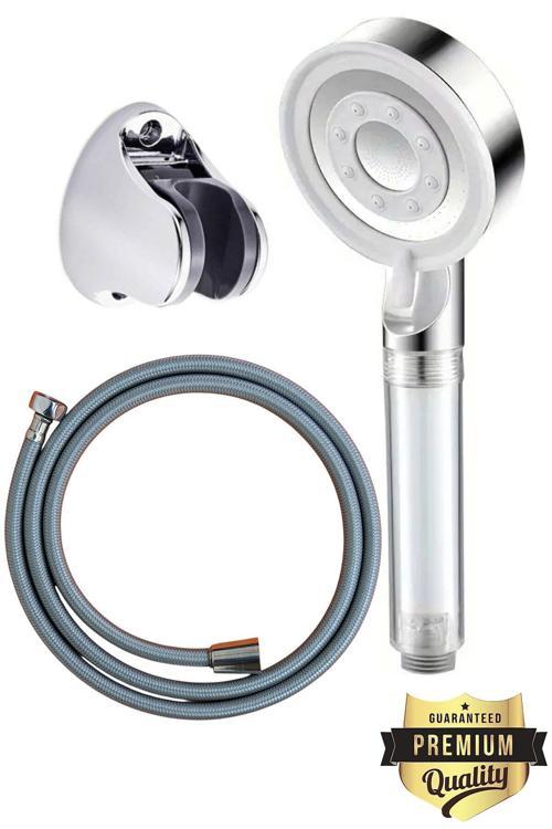 Filtreli Beyaz 5 Fonksiyonlu Duş Başlığı Seti – 150 Cm Misina Örgülü Hortum + Duş Mafsalı 3 Parça