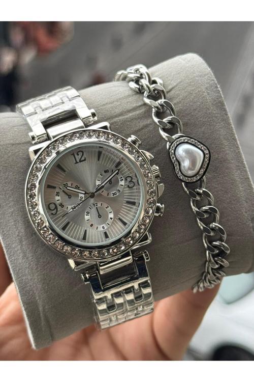 Gümüş Renk Metal Kordon Kadın Kol Saati Ve Çelik Gümüş Renk Bileklik
