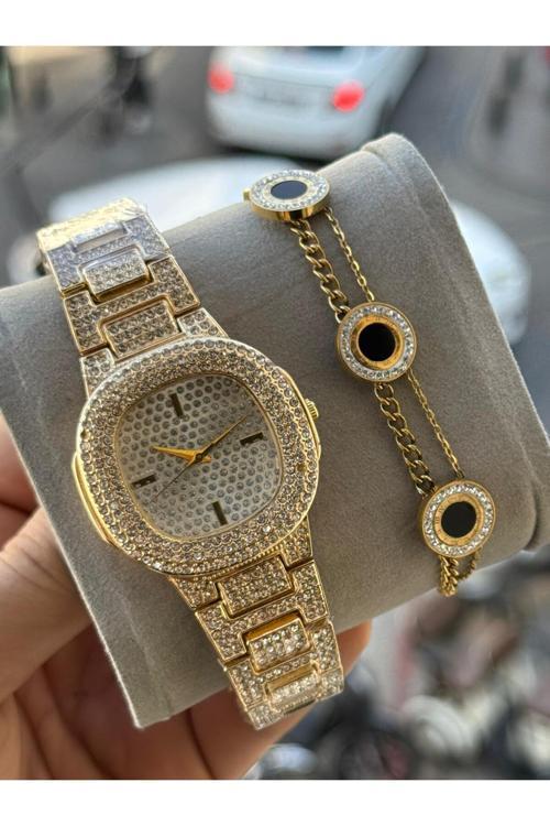 Şık Özel Tasarım Gold Renk Zirkon Taşlı Kol Saati Ve Çelik Bileklik