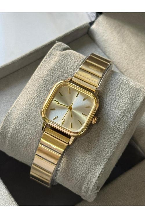 Gold Renk Köşeli Çelik Kordon Kadın Kol Saati