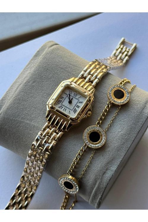 Gold Renk Metal Köşeli Roman Rakamlı Kol Saati Ve Çelik Bileklik