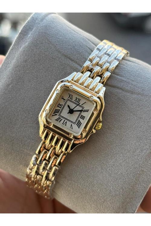 Gold Renk Metal Köşeli Roman Rakamlı Kol Saati