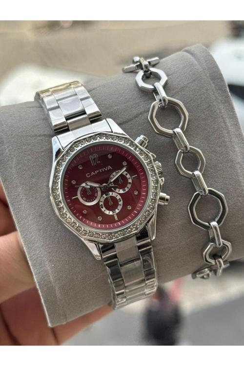 Captva Borda Renk Çelik Kol Saati Ve Çelik Bileklik