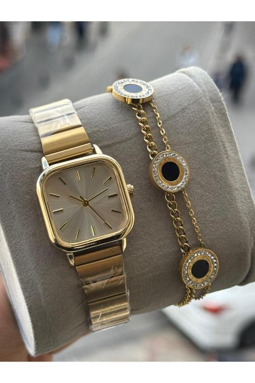 Gold Renk Kare Çelik Kordon Kadın Kol Saati Ve Çelik Bileklik