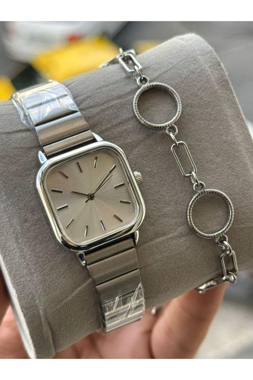 Gümüş Renk Kare Çelik Kordon Kadın Kol Saati Ve Çelik Bileklik