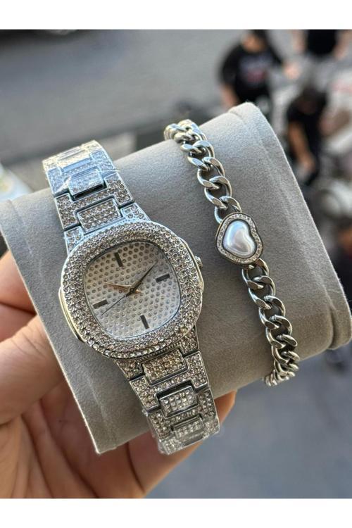 Metal Kordonlu Taşlı Gümüş Renk Kadın Kol Saati Ve Çelik Bileklik