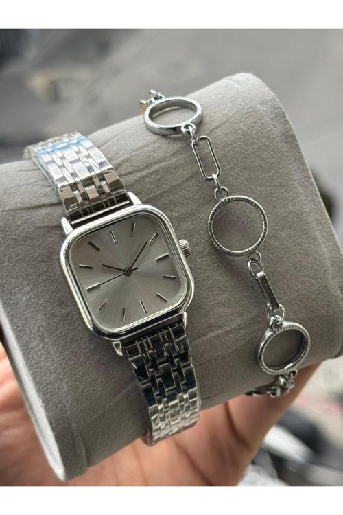 Gümüş Renk Kare Çelik Kapalı Kordon Kadın Kol Saati Ve Çelik Bileklik