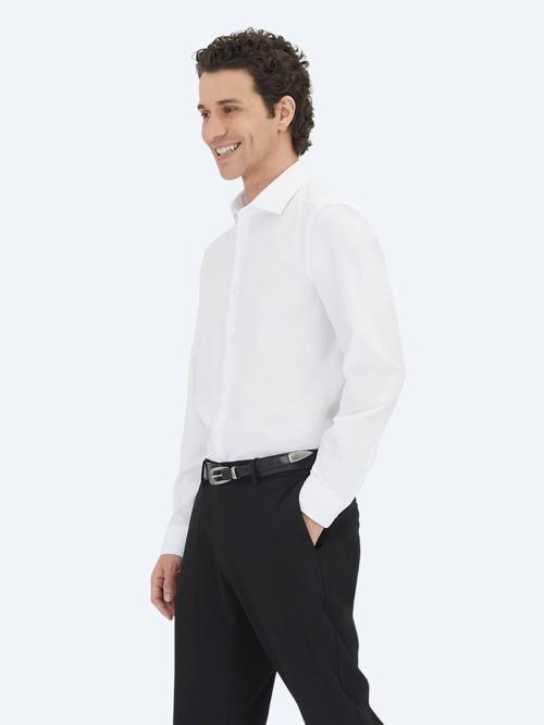 Beyaz Düz Regular Fit Dokuma Klasik Pamuk Karışımlı Gömlek