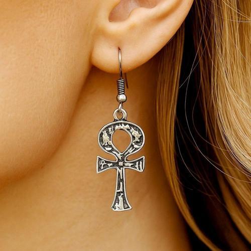Motifli Mısır Ankh Şekilli Kadın Küpe Çift Adet Gümüş Kaplama El Yapımı Küpe