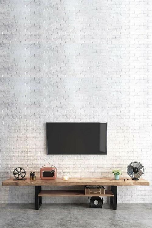 metal ayaklı masif ahşap çam panel iki katlı yeni tv ünitesi.