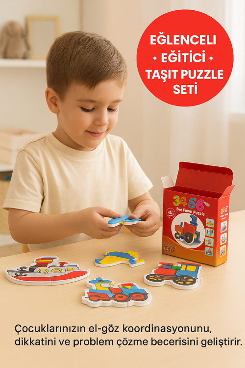 Taşıtlar EVA Köpük Puzzle Seti – 3-7 Parçalı 5 Farklı Araçlı Eğitici Zeka Oyunu