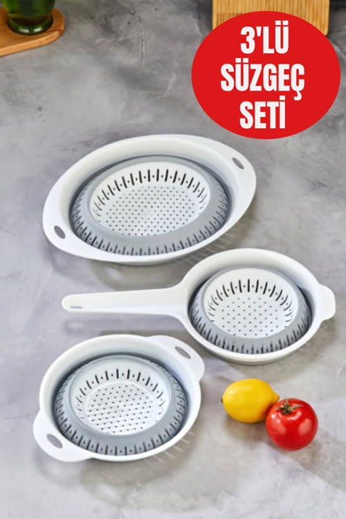 3’lü Katlanabilir Süzgeç Seti – Saplı, Yuvarlak ve Derin Modeller • BPA Free • Kolay Temizlik