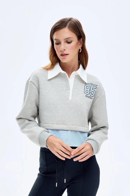 Gömlek ve Etiket Detaylı Kadın Sweatshirt