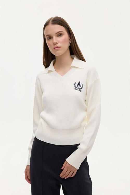 Gömlek Yaka Nakış Detaylı Kadın Triko Kazak