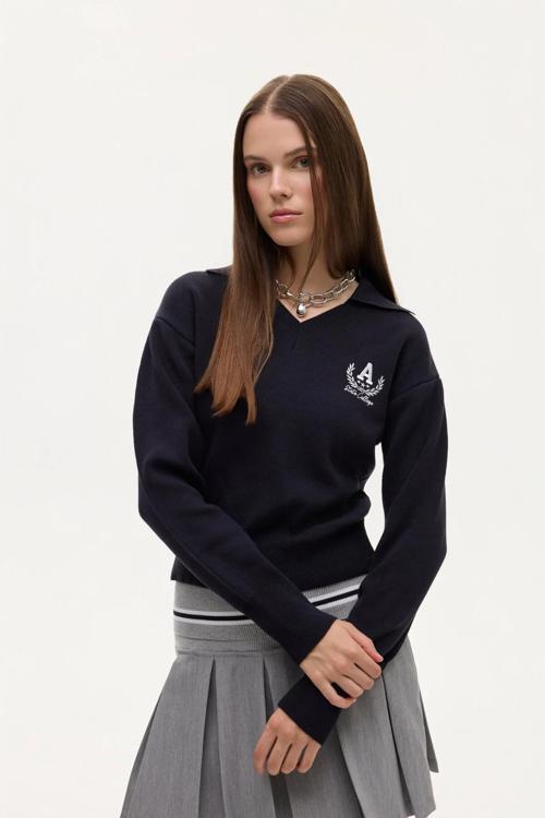 Gömlek Yaka Nakış Detaylı Kadın Triko Kazak