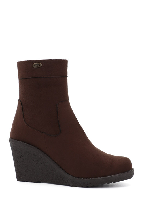 Kadın Kahve Süet Fermuarlı Dolgu Topuklu Bot