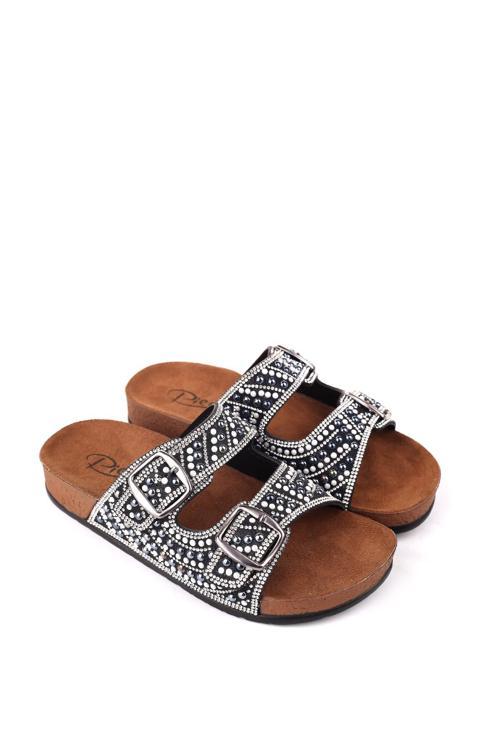 20054 Kadın Anatomik Taban Tokalı - Taş Detaylı Günlük Terlik