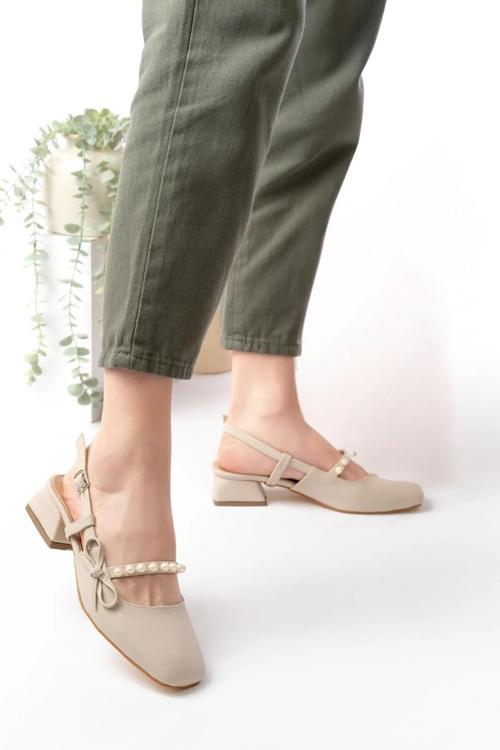 HÇ150 Kadın İnci Fiyonklu 4,5 Cm Topuklu Ayakkabı