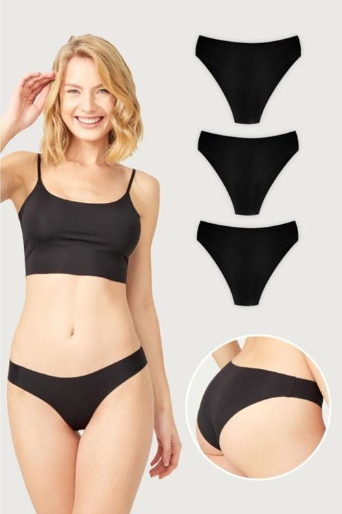 Gecko Kadın Bikini Lazer Kesim Iz Yapmaz,Görünmez,Yumuşak.,İç Giyim Külot 3'Lü Siyah