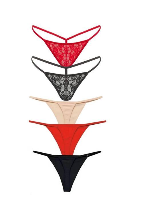 String Tanga Kadın Ipli Ip Lastikli Dantel Halka Kombin 5 Adet