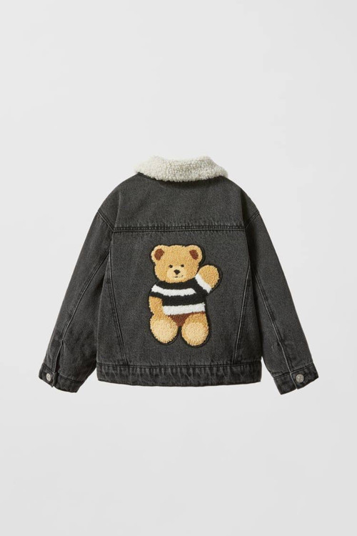 Baby Koyu Gri Denim Peluş Yaka Sırt Ayıcık Detaylı Çocuk Kot Ceket