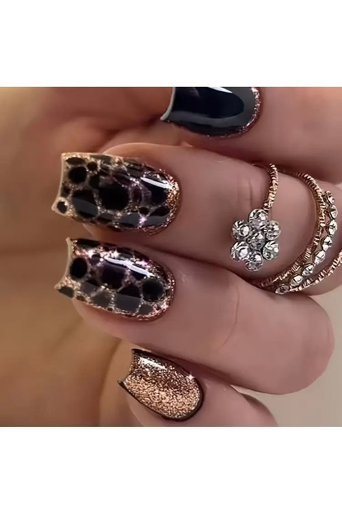 Vanilla Avenue Siyah Leopar Desenli Simli Kendinden Yapışkanlı Takma Tırnak 24 Adet