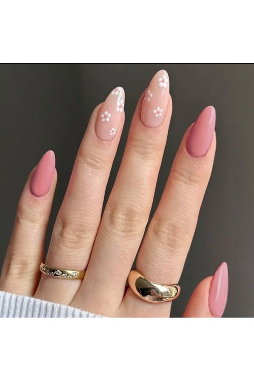 Vanilla Avenue Pembe Badem Kesim Çiçekli Kendinden Yapışkanlı Takma Tırnak 24 Adet