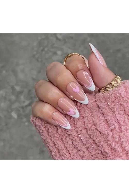 Vanilla Avenue Pembe Kalp Desenli French Kendinden Yapışkanlı Takma Tırnak Seti 24 Adet