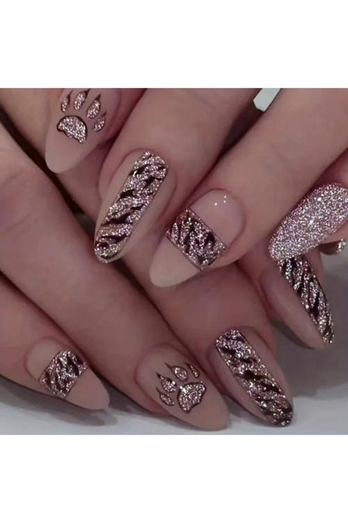 Vanilla Avenue Pembe Simli Leoparlı Badem Kendinden Yapışkanlı Takma Tırnak 24 Adet