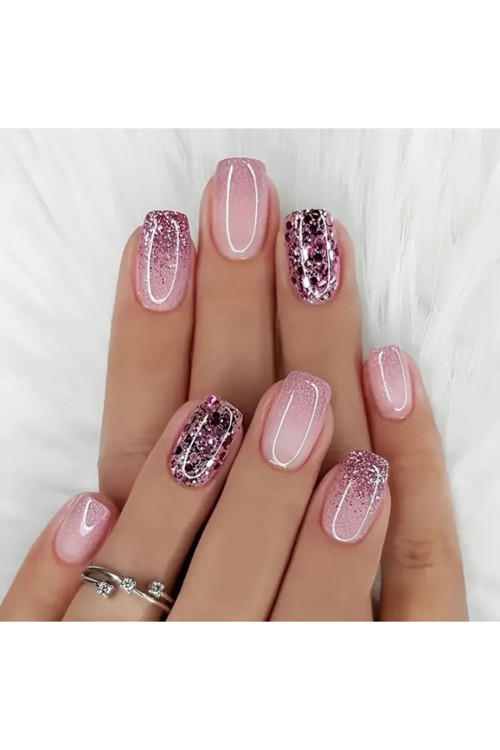 Vanilla Avenue Kısa Kare Pembe Simli Ombre Kendinden Yapışkanlı Takma Tırnak 24 Adet