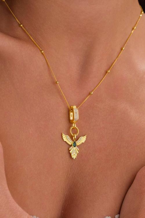 Zümrüt Taşlı Altın Kaplama Anka Kuşu 925 Ayar Gümüş Kolye