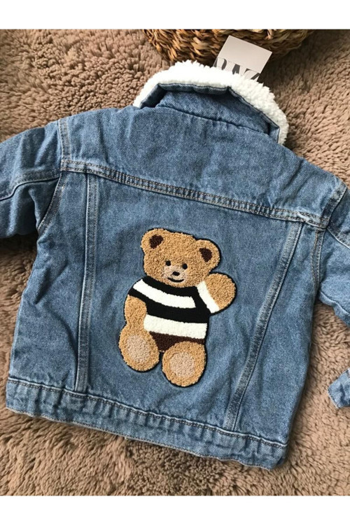 Baby Mavi Peluş Yaka Sırt Ayıcık Detaylı Çocuk Kot Ceket
