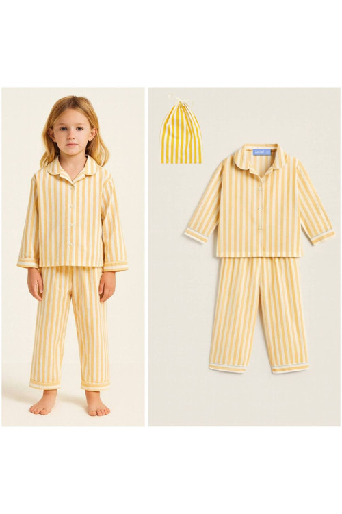 Hei Sarı Unisex Çocuk Çizgili Mevsimlik %100 Pamuklu Pijama Alt-Üst Takım