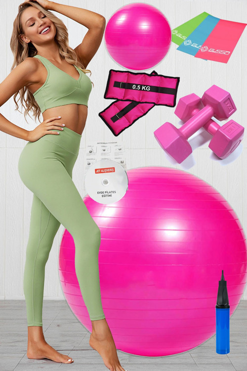 10 Lu Pilates Topu Seti Takımı 3 Lü Pilates Bandı Lastiği 1 Kg Dambıl, Bilek Ağırlığı Set Pembe