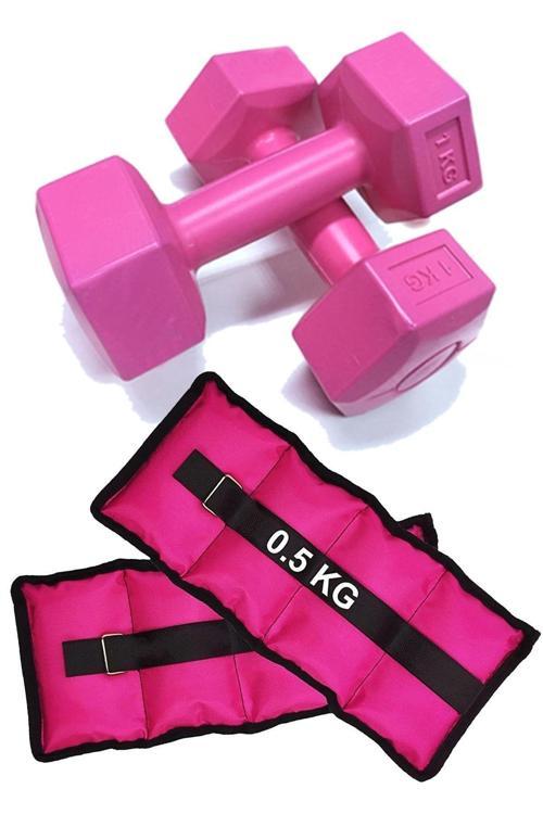 El Ve Ayak Bilek Ağırlığı 2X1 Kg Kum Torbası Ve 2X0.5Kg Dambıl Dumbell Seti Ağırlık Setleri Pembe