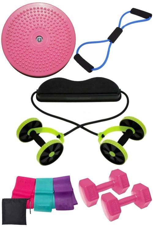 9 Lu Spor Seti Revoflex Tekerlekli Spor Aleti 1 Kg Dambıl 3Lü Pilates Bandı Direnç Lastiği Twister