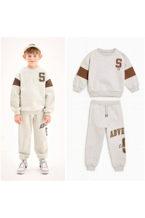 Hey Adventure Sloganlı Gri Unisex Çocuk Alt Üst Eşofman Takımı