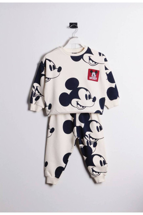Beyaz Mickey Unisex Çocuk Kışlık 3 İplik Pamuklu Sweatshirt Eşofman Alt-Üst Takım