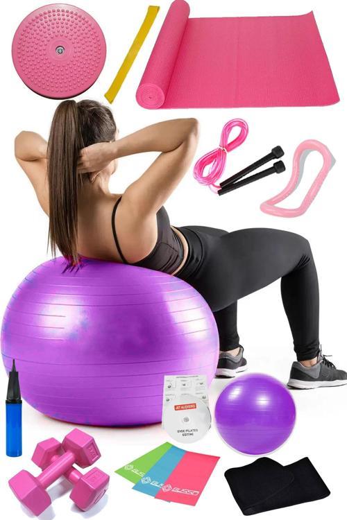 15 Li Pilates Seti Topu Pilates Bandı Dambıl Minder Atlama Ipi Twister Aerobik Kemer Yoga Yüzüğü Mor