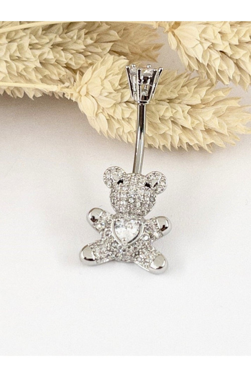 Zirkon Taşlı Ayıcık Figürlü Çelik Göbek Piercingi - 3,5 Cm