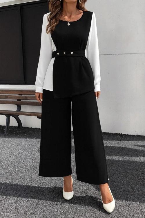 MDB Kadın Uzun Kollu Açık Yakalı çift Renkli Kemerli Ithal Krep Ikili Takım