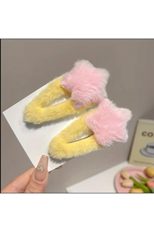 Hei Açık Sarı Peluş Yıldızlı Sevimli 2 Adet Kız Çocuk Günlük Saç Aksesuarı Toka