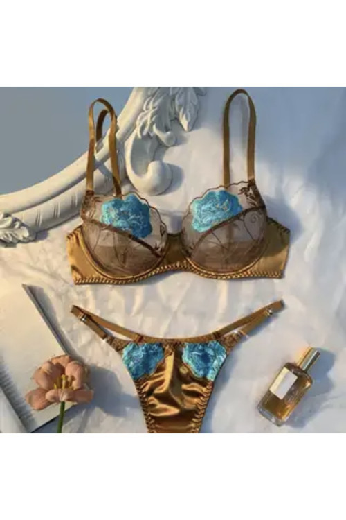 Hei Bronz Nakışlı Dantel Şık Parlak Seksi Kadın Günlük İkili İç Çamaşırı Takımı
