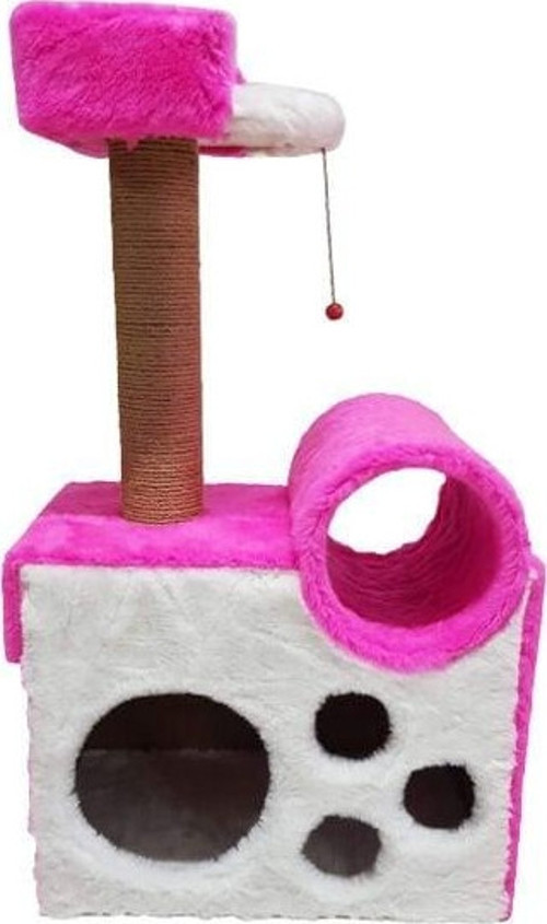 S11 Tünelli Yataklı ve Teraslı Kedi Tırmalama Evi Pembe 90 Cm