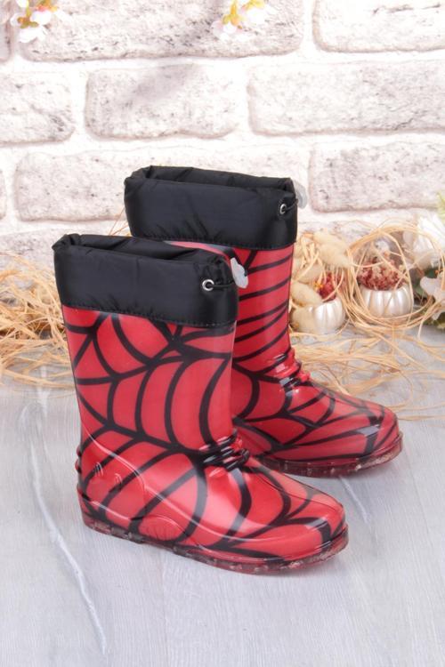 7061 Kırmızı Desenli İçi Peluşlu Su Geçirmez Erkek Çocuk Kar Yağmur Çizmesi