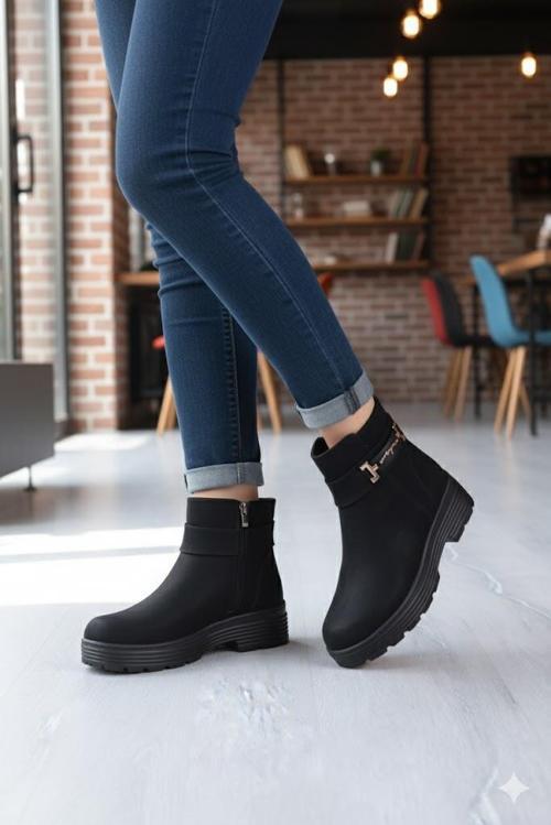 1187 Rahat Sıcak Astar Kaymaz Taban Fermuarlı Kadın Bot