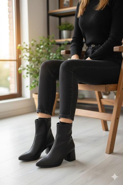 1193 Uraz Rahat 6 Cm Kalın Topuk Yüksekliği Sivri Burun Kadın Bot